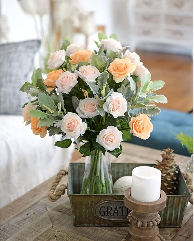 FiveSeasonStuff Fake Roses Wedding Flowers Real Touch Silk Cream Pink Artificial Flowers 12 Stems
