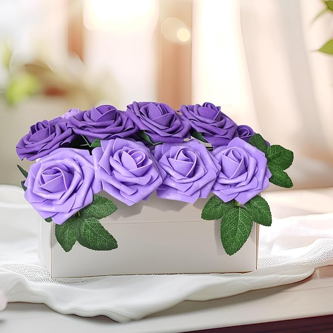 25pcs Artificial Flower Purple Foam Rose Real Touch Roses Flower Heads with Stem for DIY Wedding Bouquets Centerpieces Arrangements Party Baby Shower Home Decor (Shades of Purple Rose)