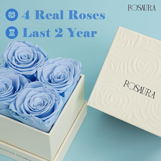 Rosaura 4-Piece Eternal Preserved Roses & Flowers Gift Box - Forever Lasting Real Roses, Preserved Flowers for Valentine's Day (Sky Blue)