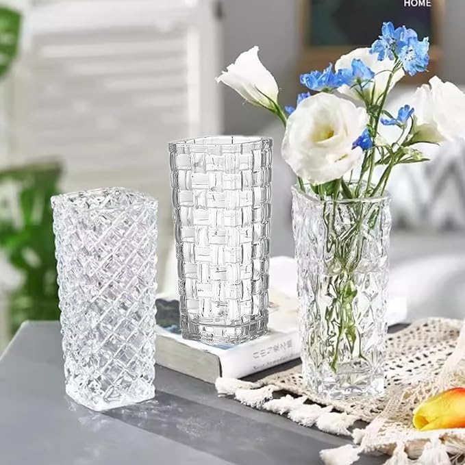 Clear Glass Vase for Flowers Esmiome Square Embossed Rectangle 6in High Glass Bud Vases Small Vase for Flowers Plant Terrarium Candle Holder Water Glasses for Wedding Centerpiece Office Table,IcePlate