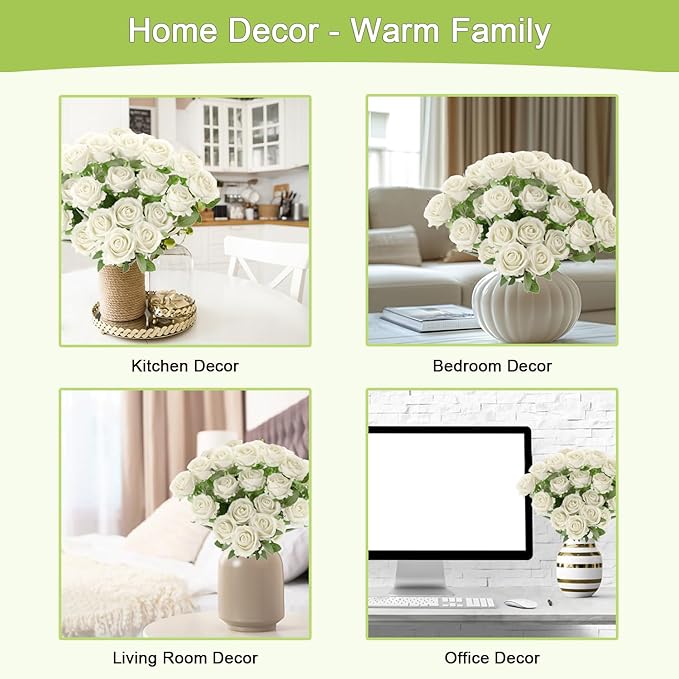 12Pcs White Roses Artificial Flowers Fake Roses Faux Velvet Silk Flower for Home Wedding Decoration (Pearl Rose, White)