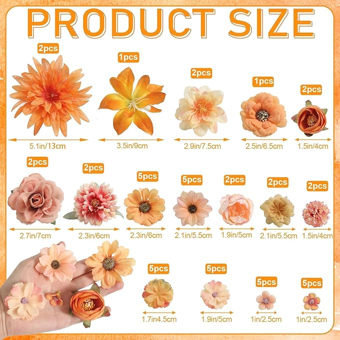 Fall Artificial Flower Heads Combo - 48pcs Orange Silk Flowers Bulk Faux Rose for Wedding Decor, Bridal Bouquets, Graduation Parties, Cake Toppers & Home DIY Crafts