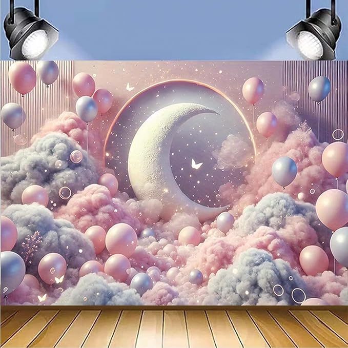 Dreamy Moon and Balloons Backdrop Pink Dreamy Balloon Moon Baby Birthday Decoration Kids Portrait Photo Backdrop Newborn Baby Photography Background (7x5feet)