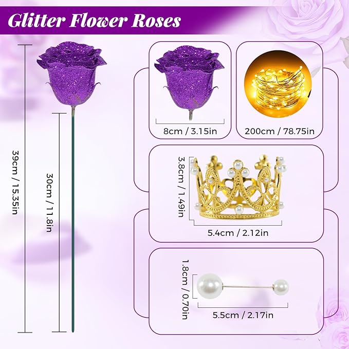 Purple Glitter Roses Bouquet, 36 Pcs Shiny Glitter Flowers Bouquet, Everlasting DIY Artificial Roses Bouquet for Christmas, Birthday, Anniversary, Wedding, Engagement,Mothers Day,Gifts