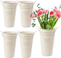 5 Packs 10 Inch Galvanized Metal Flower Vases with Handles, Rustic French Metal Flower Buckets for Cut Flowers, Country Wedding, Table Centerpiece Decorations(Milky White)
