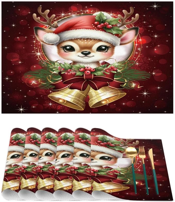 Christmas Xmas Bells Deer Placemats Set of 4 PVC Vinyl Non Slip Table Mats Heat Resistant Place Mats Washable Wipeable Dining Table Mat for Kitchen Decor Party Indoor Outdoor Decorative Gift