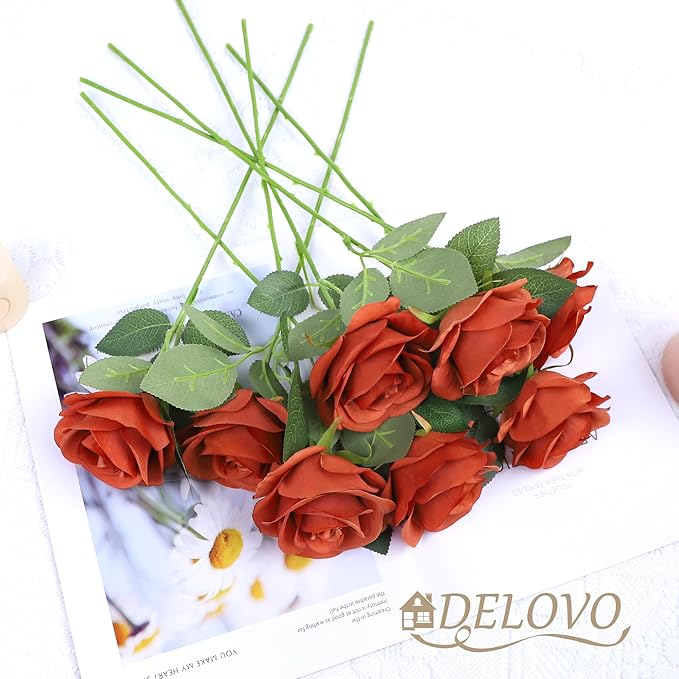 52pcs Burnt Orange Roses Artificial Flowers Fake Flowers Silk Roses with Stems for DIY Wedding Bouquets Bridal Shower Centerpieces Arrangements Party Decorations
