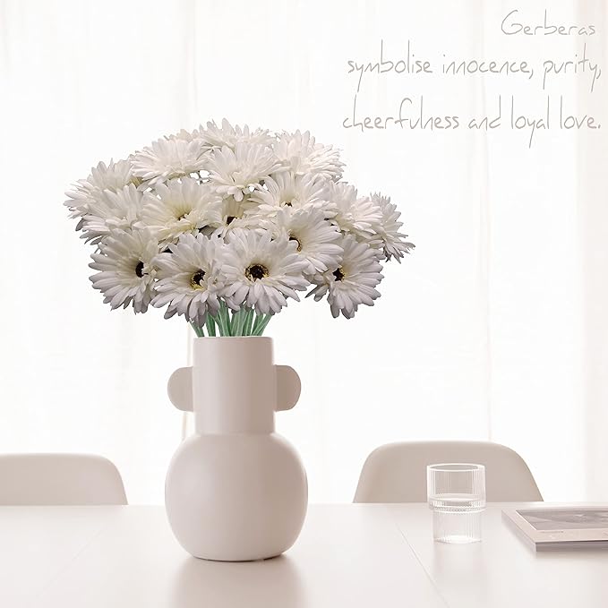 12pcs Artificial Gerbera Daisies,22 Inch Long Stem Silk Daisy Flowers,Realistic Artificial Flower Mums for Home Décor Centerpiece Wreath Supplies Wedding Bouquet,Snow White