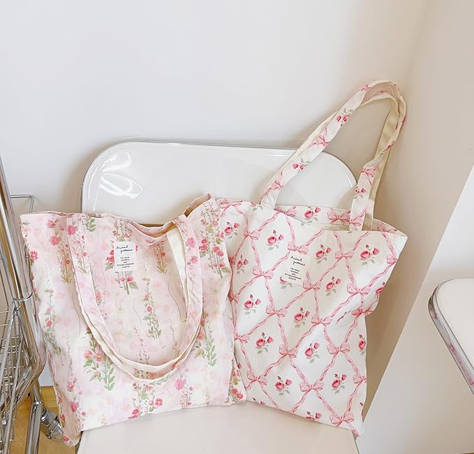 Cotton Canvas Tote Bag Reusable Soft Grocery Cloth Bag Floral Shoulder Bag for Beach Travel Shopping