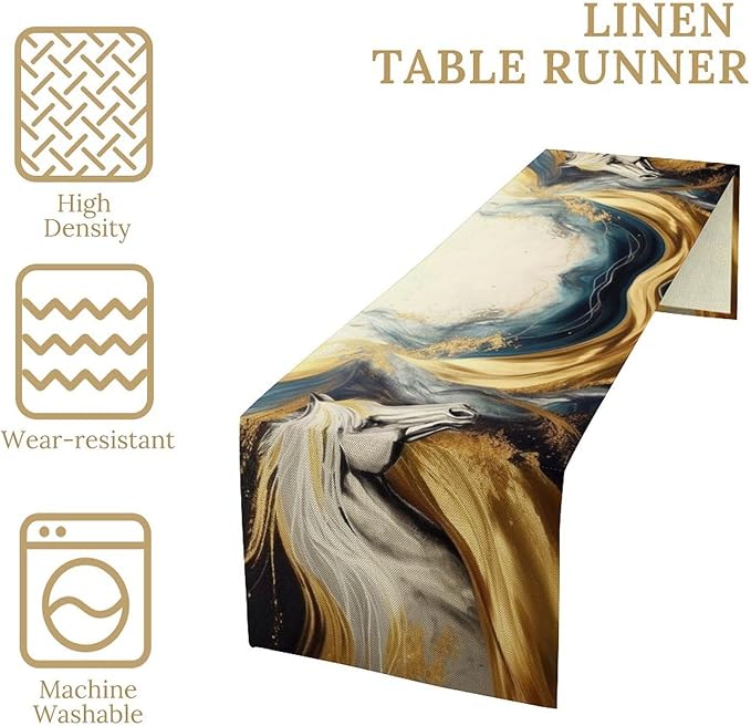 Marble Horse Table Runner, Dark Green Brown Marble Abstract White Horses Gold Natural Texture Dinner Runner Table Decoration for Home Kitchen Dining Holiday Party 13x60in