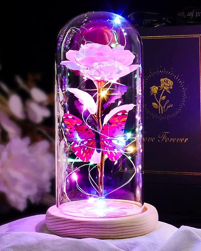 Beferr Christmas Rose Gifts for Women Mom Birthday Gifts, Galaxy Glass Rose Forever Preserved Flowers for Delivery Prime Light Up Rose in Glass Dome with Butterfly Xmas Gifts for Grandma Her Wife