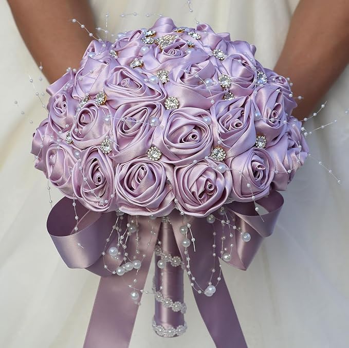 Bridal Wedding Bouquet Round Bling Brooch Bouquet Throw Toss Artificial Rose Flower Bunch for Bride Bridesmaid Wedding Quinceanera(Light Taro Purple, 9.8")
