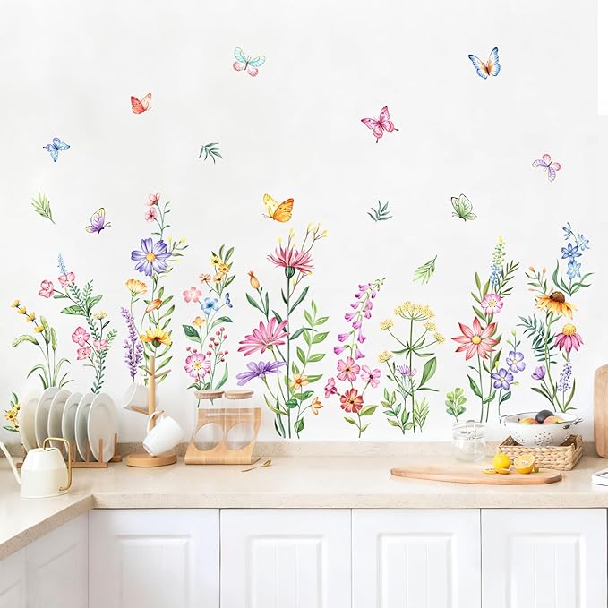 Flower Wall Decals Watercolor Wildflower Grass Butterflies Wall Stickers Peel and Stick Vinyl Decal for Girls Bedroom Living Room Home Office