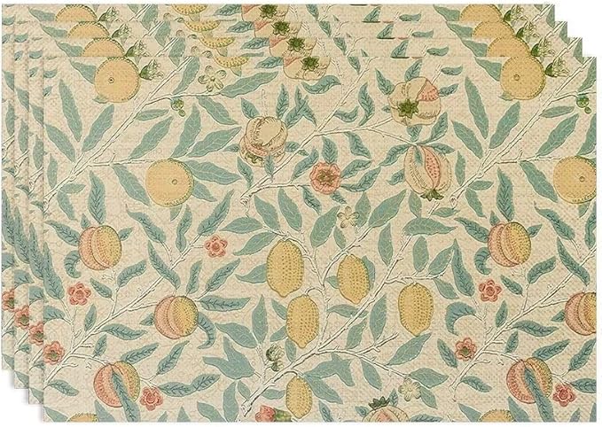 Vintage Floral Placemats Set of 4, William Morris Retro Fruit Boho Botanical Plant Place Mats, Heat Resistant Non Slip Cotton Linen Dining Table Mats for Home Kitchen Party 18x12 Inch