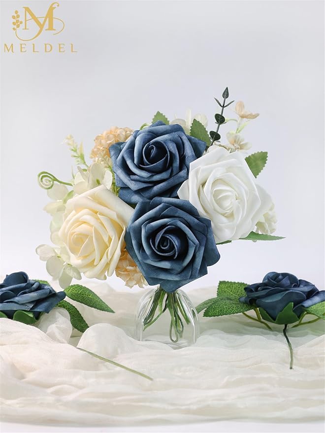 Meldel Artificial Flowers 25pcs Real Looking Dutch Blue Dusty Blue Foam Fake Roses with Stems for DIY Wedding Bouquets Bridal Shower Centerpieces Floral Arrangements Home Decorations