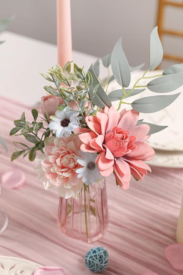 Blue Pink Artificial Flowers Combo Set Fake Flower Leaf Box with Stemst for DIY Wedding Bridal Bouquet, Centerpieces, Home Decor, Floral Arrangement Decor