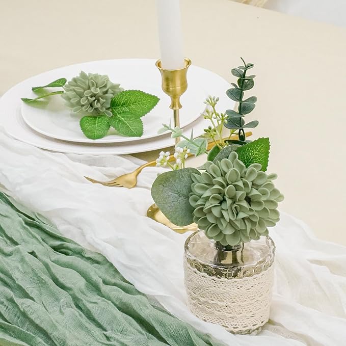 Artificial Flowers, 50pcs Sage Green Artificial Rose for DIY Wedding Bouquets Centerpieces Arrangements, Sage Green and White Dahlia Flowers with Stem for Bridal Shower Party Home Decorations