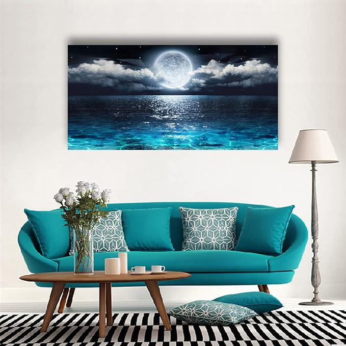Wall Art Moon Sea Ocean Landscape Picture Canvas Wall Art Print Paintings Modern Artwork for Living Room Wall Decor and Home Décor Framed Ready to Hang,28x57inches,1inch Thick Frame,Waterproof Artwork