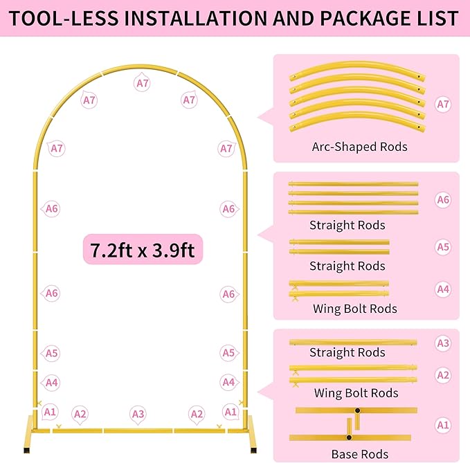 7.2FT Arch Backdrop Stand for Party, Wedding Arch Stand for Ceremony Birthday Party Baby Showers Photo Booth Easy Assembly Supports Flowers Balloons and Decor,Gold