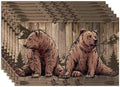 Rustic Lodge Bears Placemats Set of 6, Vintage Cabin Pine Tree Wooden Board Place Mats, Heat Resistant Non Slip Cotton Linen Dining Table Mats for Home Party Kitchen 18x12 Inch