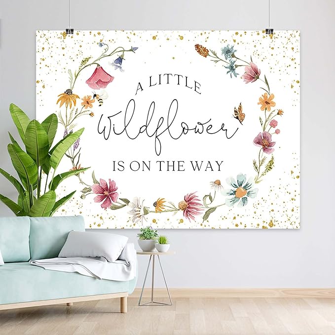 Wildflower Baby Shower Backdrop for Girl Watercolor Wild Floral Butterfly Photography Background Garden Wildflower Baby Shower Cake Table Banner Photoshoot Props (8x6ft)