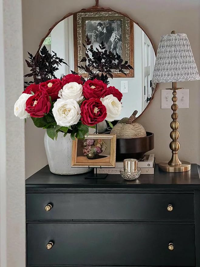 YalzoneMet 3.5'' Big Bloom Red Rose Artificial Flowers 4Pcs Real Touch Rose Faux 17.7 Inch Long Stem Austen Roses Peonies Fake Flowers for Home Kitchen Party Christmas Flower Wedding Decor