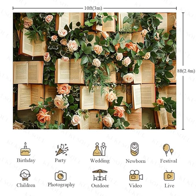 10x8FT Books Flowers Wall Photography Backdrop Green Leaves Rose Flowers Vintage Books Background Newborn Bridal Shower Birthday Party Banner Decor Supplies Photo Studio KUBDJ1003