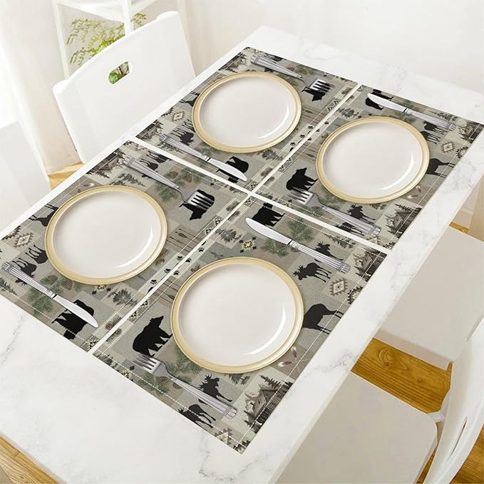 Retro Rustic Lodge Bears Deer Placemats Set of 4, Vintage Cabin Pine Tree Farmhouse Country Style Place Mats, Heat Resistant Non Slip Cotton Linen Dining Table Mats for Home Kitchen 18x12 Inch