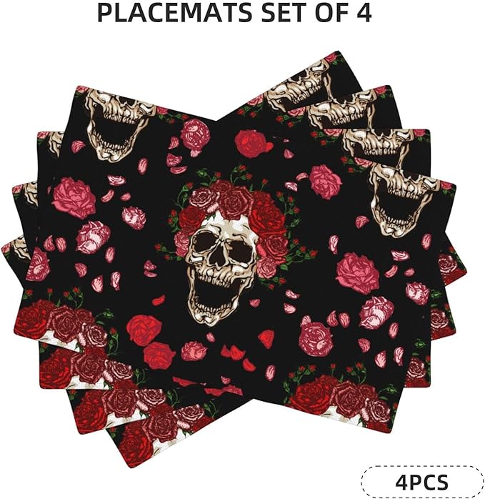 Placemats 4 pcs Skull Flower Double-Layer Imitation Linen Place Mats Non-Slip Heat-Resistant Tablemats for Home Restaurant Hotel 18×12 Inch