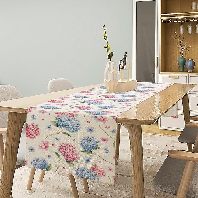 Hydrangea Table Runner, Spring Summer Watercolor Blue Floral Seasonal Country Farmhouse Coffee Table Center Decor for Home Kitchen Dining Patio Holiday Party Table Decorations 13x108 inches