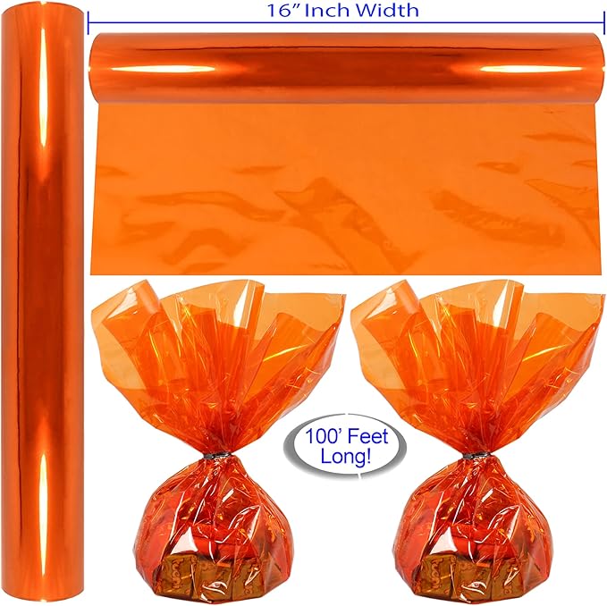 AnapoliZ Cellophane Wrap Roll Orange | 100’ Ft Long X 16” in. Wide | 2.3 Mil Thick Transparent Orange | Halloween Treats, Baskets, Cellophane Wrapping Paper | Colorful Cello, Halloween Decorations