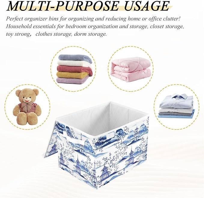 susiyo Beautiful Ink Chinoiserie Pagodas Storage Bin Large Collapsible Storage Box Stackable design Fabric Storage Bins with Lids Decorative Multi-Color Foldable Organizing Baskets For Closet, Utility