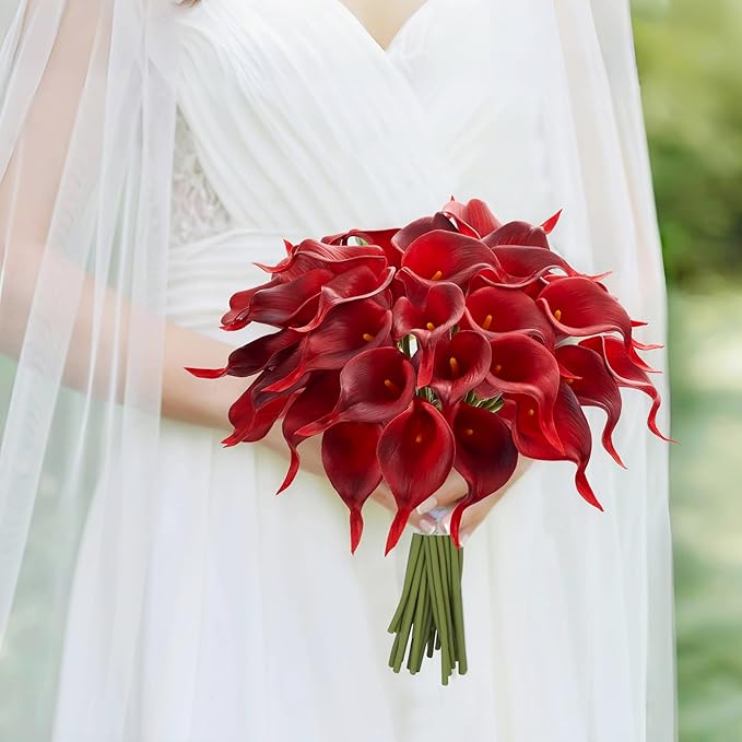 24 Pcs Artificial Calla Lily Flowers Fake Silk Flowers Real Touch for Halloween Wedding Bouquet Office Home Kitchen Decor (Burgundy)