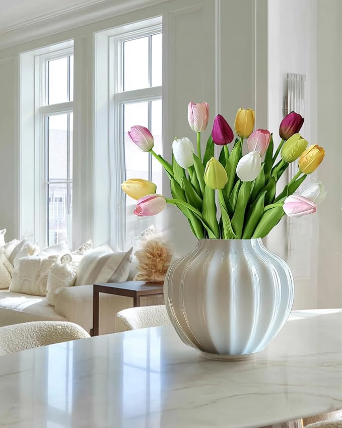 12pcs Tulips Artificial Flowers Real Touch Silk Faux Flowers Tulip Stems for Wedding Spring Bouquet Floral Arrangement Home Party Office Decorations (White Pink Yellow Green)