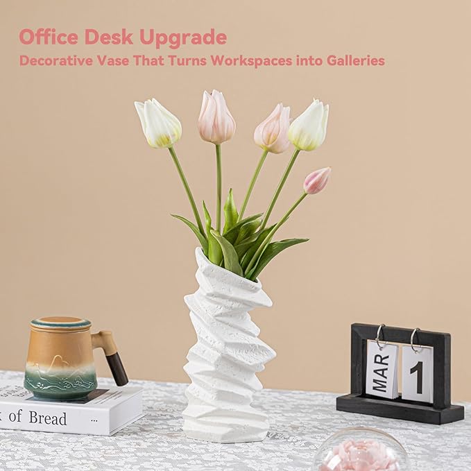White Ceramic Vase with Spiral Wave Texture - 10" Unique Flower Vase for Pampas Grass & Centerpieces, Decorative Boho/Farmhouse Vase for Living Room, Office Desk & Housewarming Gift (for Her/Yourself)