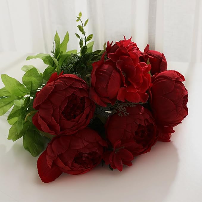 FagusHome 25 Pcs Silk Peony Artificial Flower Heads 4 inch Fake Peony Flowers Heads with Stems Artificial Peony Flower Heads in Bulk Wholesale for Wedding Home Decor (Dark Red)