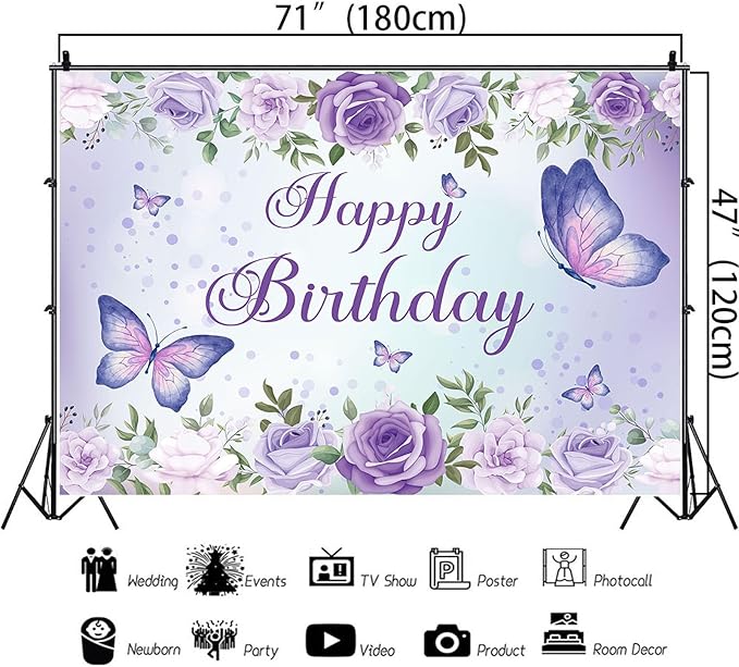 6x4Ft Butterfly Happy Birthday Backdrop Purple Butterfly Birthday Backdrops Decorations Girls Party Butterfly Photography Backdground Decoration Cake Table Banner