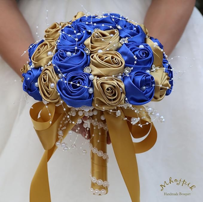 Bridal Wedding Bouquet Round Bling Brooch Bouquet Throw Toss Artificial Rose Flower Bunch for Bride Bridesmaid Wedding Quinceanera(Royal Blue & Gold, 8.7")