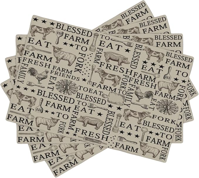 Farm Placemats, Cartoon Vintage Brown Windmill Farmhouse Cow Sheep Rooster Pig Animal Print Washable Fabric Placemats Table Kitchen Dining Party 12x18 Inch Set of 4