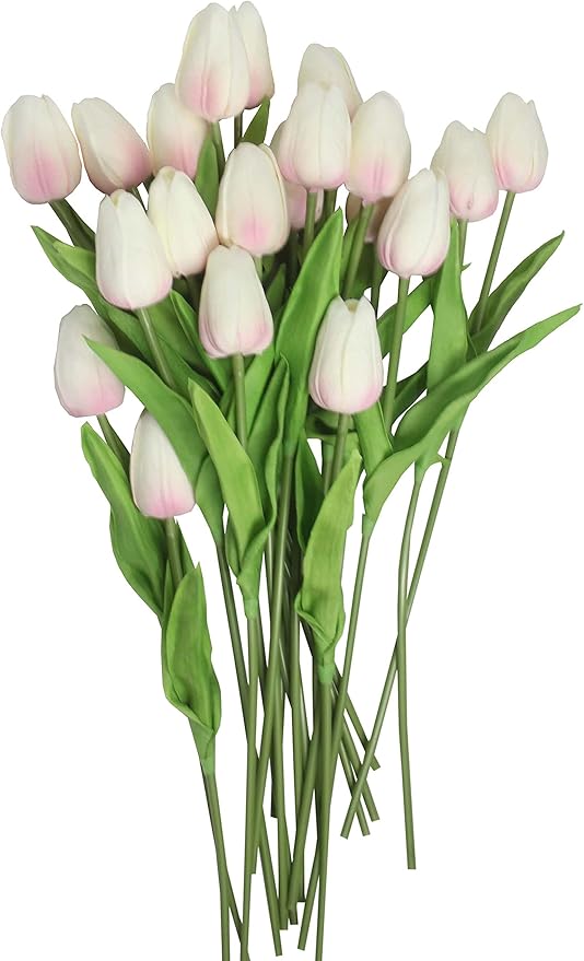 10-Heads Home Decor Mini Tulip Real Touch Tulip Artificial Flowers Bouquets for Home Wedding Party Centerpiece Decoration (Pink and White)