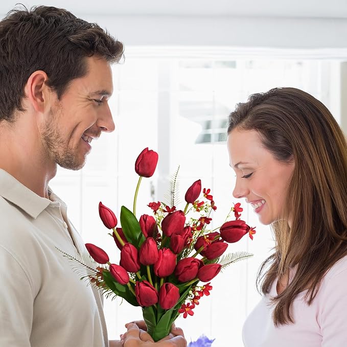 Real Touch Artificial Tulips, 20pcs Fake Tulip Flowers Stem, PU Faux Tulips 19.7” for Mother's Day, Home Decor, Wedding, Easter Valentine's Gift, Table Centerpiece, Floral Arrangements, Red
