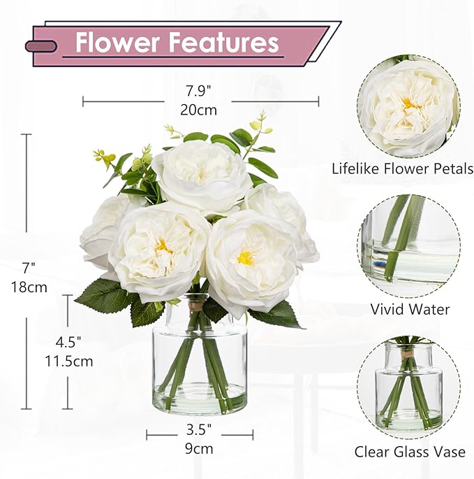 Hollyone Real Touch Peonies Artificial Flowers Arrangements in Vase White Fake Peonies with Glass Vase Silk David Austin Roses Faux Flowers with Clear Faux Water Bouquet Table Centerpiece Home Decor