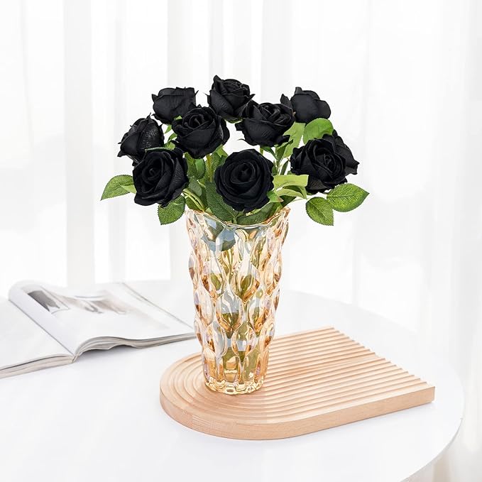Hawesome Fake Roses Artificial Silk Flowers - 12 Pcs Black Roses Artificial Faux Flowers with Stems for Home Wedding Centerpiece Hotel Office Decor