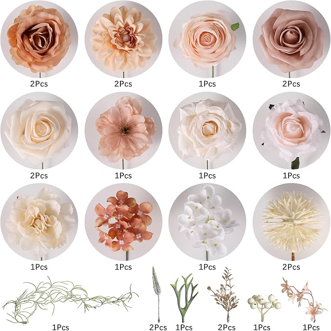 Artificial Flowers Combo, Mix Silk Flowers Roses, Peonies, Dahlias with Stems for DIY Wedding Bridal Bouquet, Baby Shower, Table Centerpieces, Home Decor, Fake Floral Arrangements-Boho Nude