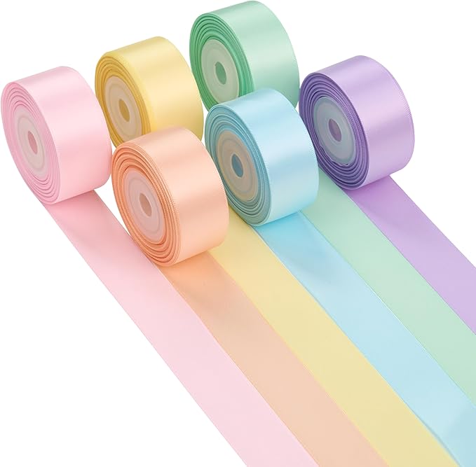 Pastel Ribbon 1 Inch Pastel Rainbow Satin Colorful Assorted Ribbon 6 Rolls for Gift Wrapping, Multicolor Flower Bouque Crafts Birthday Party Wedding - 60Yards