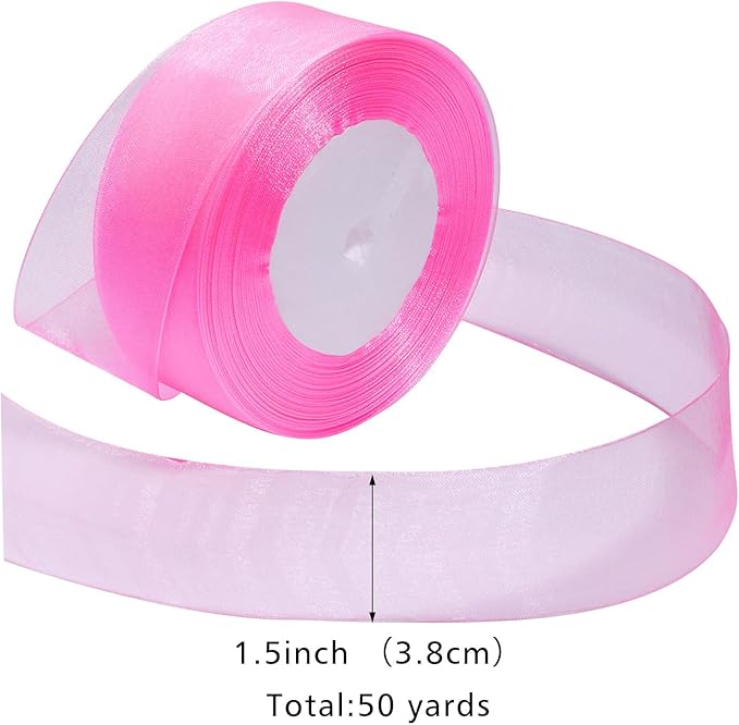 Pink Ribbon for Gift Wrapping 1-1/2 inch Sheer Organza Ribbon for Flower Bouquet Tulle Chiffon Ribbons for Wedding Invitations Christmas Decorations Crafts 50 Yards