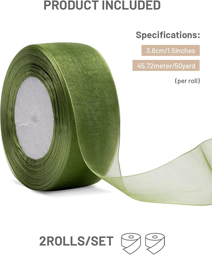 2 Roll Saga GreenOrganza Ribbon 1.5 Inch - 100 Yards for Wedding Gift Wrapping, Invitations & Party Decoration