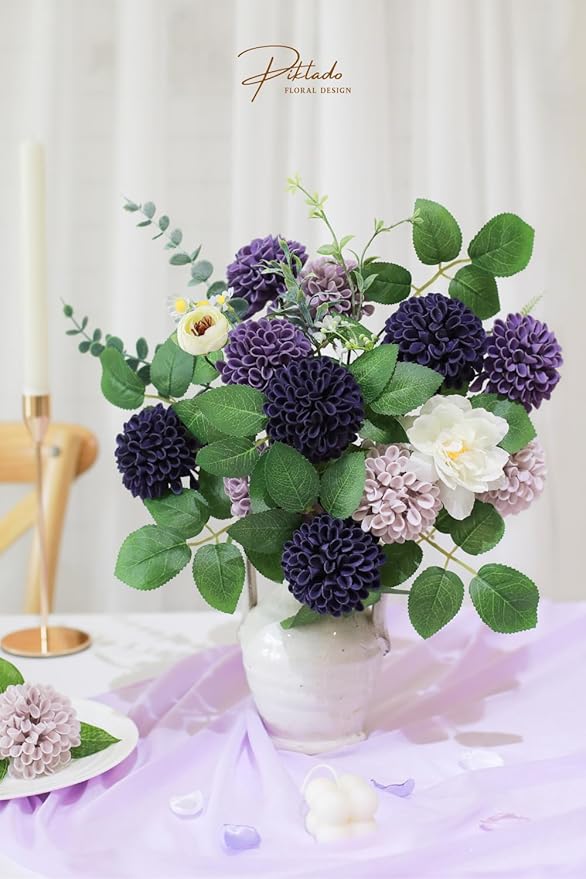 Artificial Wedding Dahlia Flowers 25 pcs Fake Roses with Stem for DIY Wedding Decor Centerpieces Arrangements Bouquets (Shades of Purple)