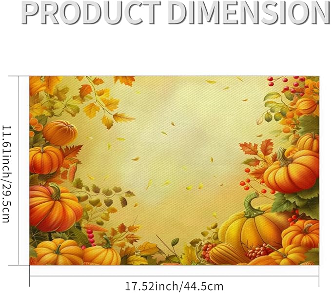 Thanksgiving Fall Yellow Pumpkin Placemats Set of 1 PVC Vinyl Non Slip Table Mats Heat Resistant Place Mats Washable Wipeable Dining Table Mat for Kitchen Decor Party Indoor Outdoor Decorative Gift