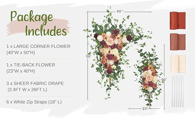 Wedding Arch Flowers with Drapes Kit (Pack of 5) - 2pcs Artificial Sunset Terracotta & Burgundy Deluxe Swag with 3pcs Sheer Drapes for Wedding Ceremony Arbor Reception Backdrop Decoration